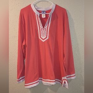 Coral Long Sleeve Tunic with White Trim Size 3X